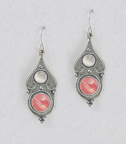 Sterling Silver Rhodocrosite And White Moonstone Gemstone Drop Dangle Earrings